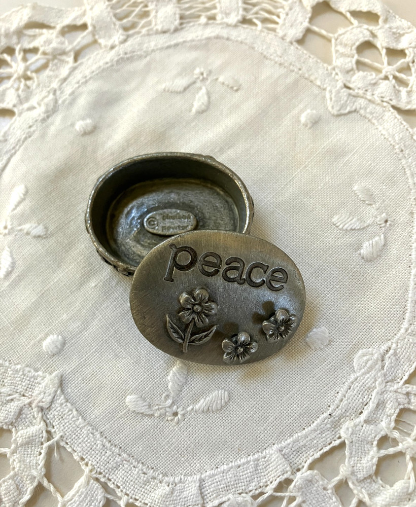 Vintage Pewter Trinket Box ‘Peace’ with Earrings and Brooch Tiny 1 inch