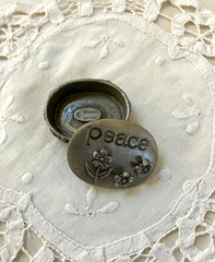 Vintage Pewter Trinket Box ‘Peace’ with Earrings and Brooch Tiny 1 inch