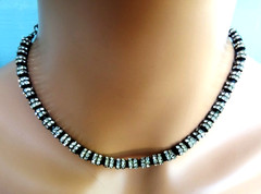 Vintage Black Glass Bead & Channel Set Beaded Rhinestone Necklace