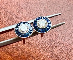 ART DECO STYLE .55 ctw DIAMOND w/ SAPPHIRE HALO PLATINUM EVERYDAY STUD EARRINGS