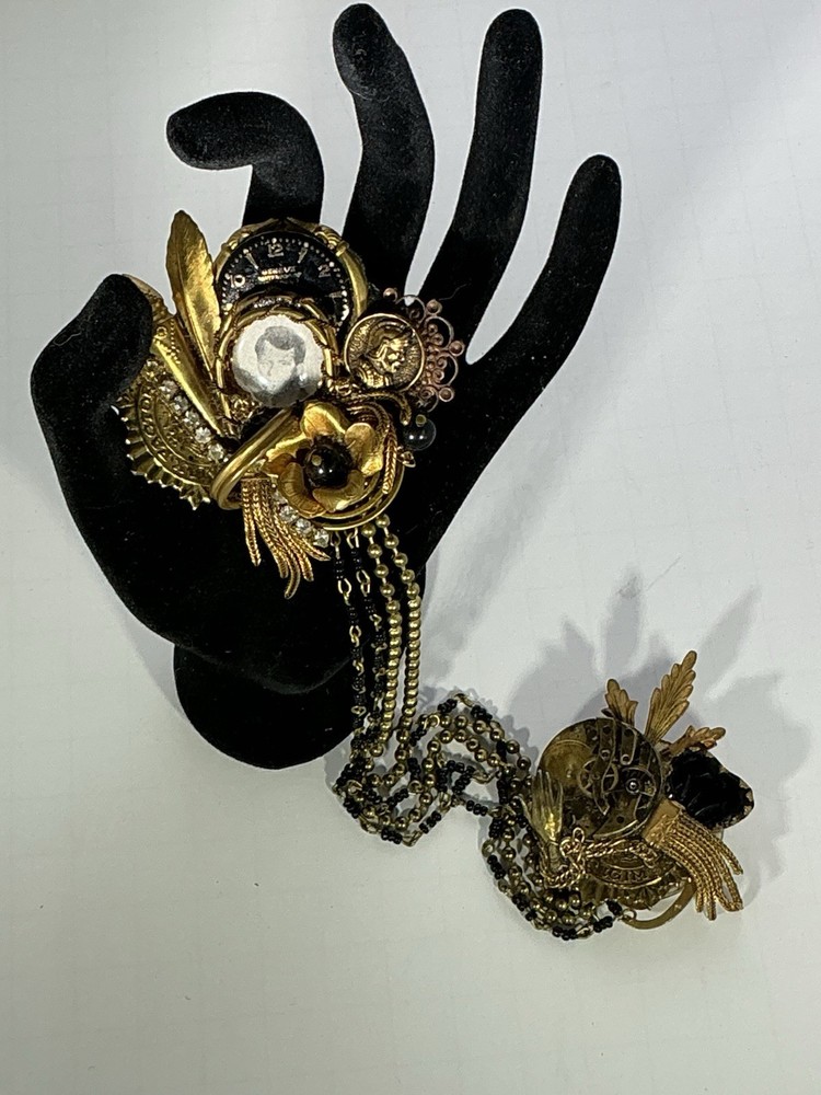 Vintage 1980s Maximal Art Assemblage Double Chain Brooch Pin Resin RARE Signed