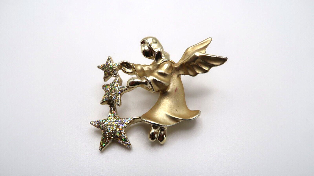 VIntage Signed Gold Angel Star Brooch Pin 4.5cm BB12