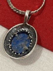 Vintage 925 Sterling Silver Signed Blue Agate Pendant & Chain Necklace 17.75”