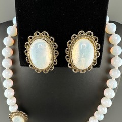 Vintage Opalite Necklace Earrings Set Silver Tone Scalloped Filigree Box Clasp
