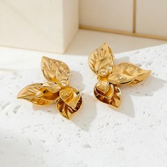 Vintage Gold Tone Floral Leaf Earrings Irregular Geometric Design Retro