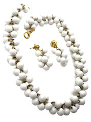 Vintage Lady Remington White Beaded Collar Necklace Earring Set Signed LR 19”