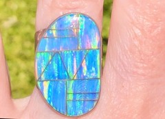 FaBuLoUs Ice blue lavender fire Opal Ring 8 Sterling Large Vintage Native Art