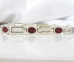 Vintage Sterling Silver 925 Jasper Station Chunky Taxco Mexico Bracelet 8″