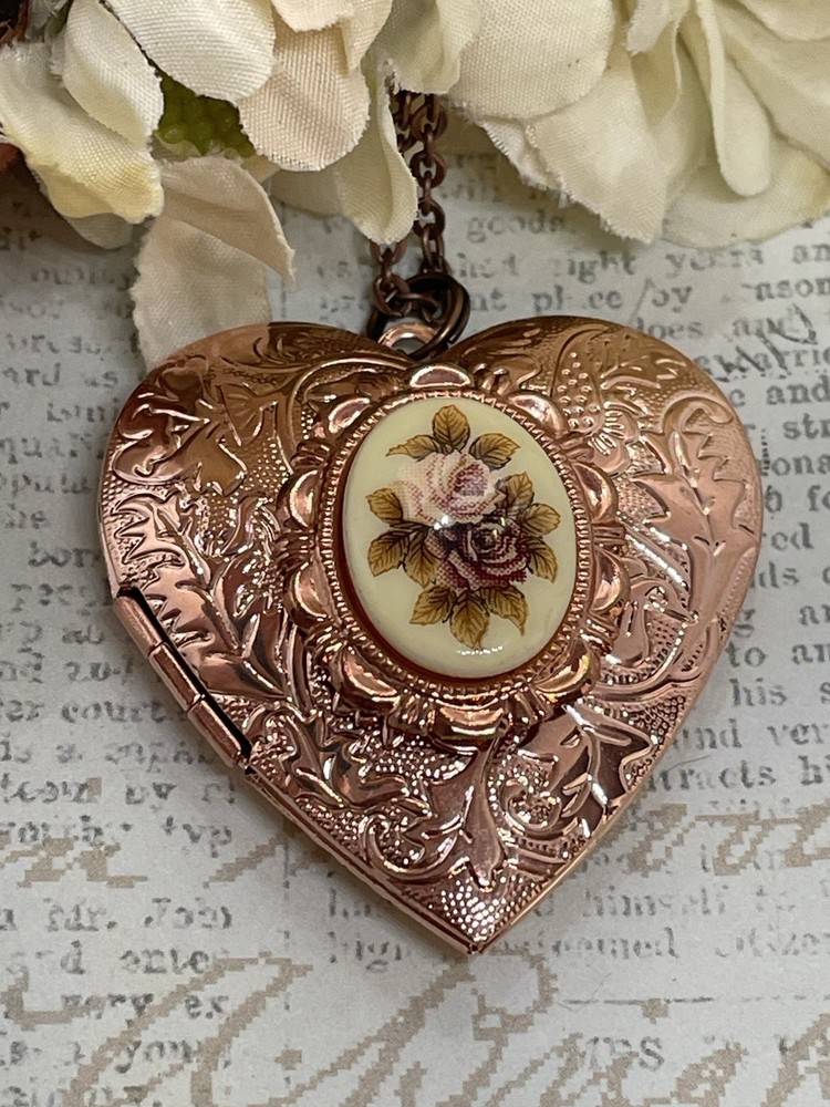 Fancy ROSE Gold Heart Locket Photo Pink Victorian Anniversary Wedding Necklace