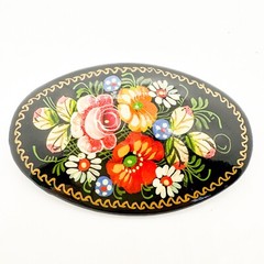 Russian Black Lacquer Brooch Pin Rose Floral Hand Painted Gold Gilt Signed
