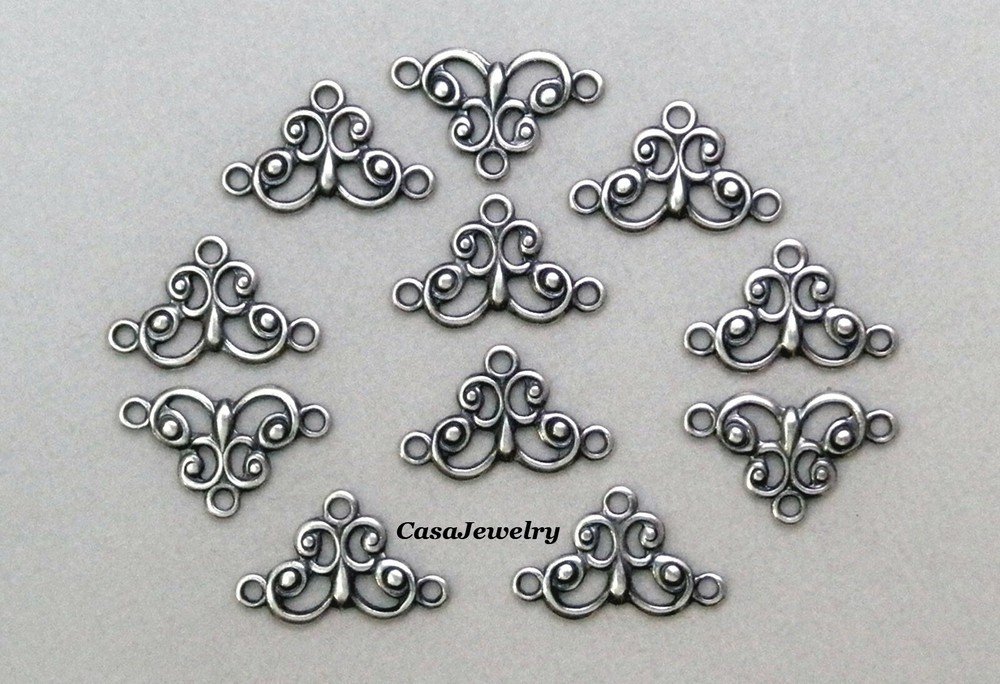 #1444 ANTIQUED STERLING SILVER PLATED 3-RING OPEN FILIGREE CONNECTOR – 12 Pc Lot