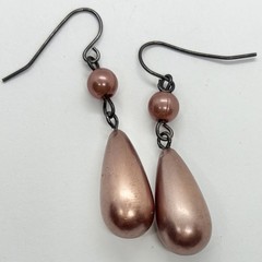 Vtg Brown Glass Pearl Teardrop Dangle Earrings Hook