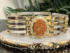 Vintage Large Prong Faux Fire Opal Bracelet Gold Silver Tone Wide Panel Links