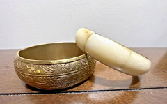 Vintage 1″ Brass Engraved Bangle & 1/2″ Bone And Brass Bangle Boho Chic Bracelet