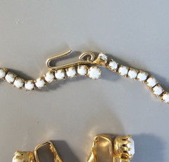 Vintage Milk Glass Rhinestone Bib Necklace Clip Earring Demi Parure 1950s Set