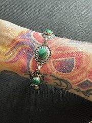 Vtg Sterling 925 Southwestern Style Concho Malachite Flower Bracelet, 7.5”