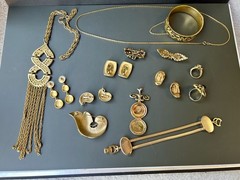 Vintage Gold Black Jewelry Lot —Damascene, Trifari, Sarah Coventry, Monet, More
