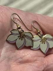 Laurel Burch Pear Blossom Dangle Earrings Cream Purple Enamel