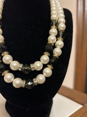 Lot of 2 Vintage Necklaces~Black & White Faux Pearl, Glass, Rhinestones, Plastic