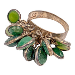 Vintage 95%S Sterling+ Silver Green Stone Rare Dangle Cluster Ring Artisan 1980s