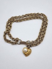 Vintage Style Chunky Gold Textured Link Bracelet with Pearl Heart Charm