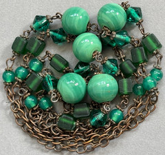 Antique Vintage Early Art Deco Czech Flapper Necklace Green Glass Beads Beaded