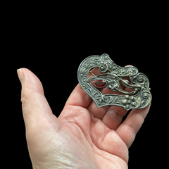 Antique Art Nouveau Floral Silver Tone Large Brooch Sash Pin w Glass Cab