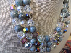 Vtg 1960 Christian Dior Signed 3 Strand Gray Art Glass AB Crystal Bead Necklace