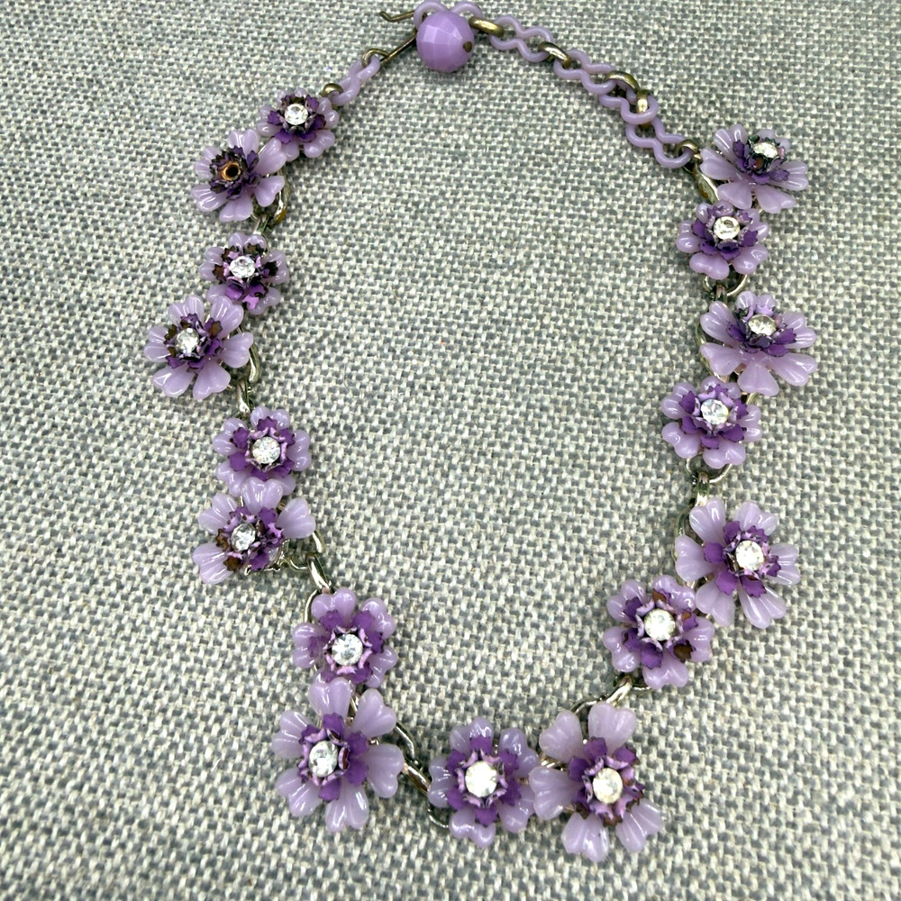 Vintage Necklace Acrylic Purple Flowers Rhinestone Centers 15 Inches READ