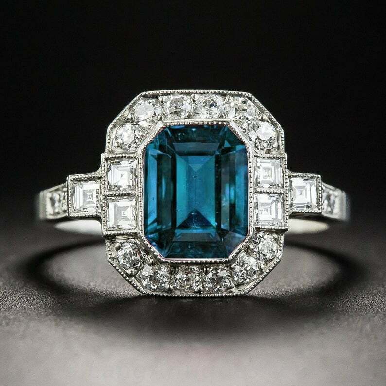 Art Deco Blue Topaz & Lab-Created Diamond Halo Wedding 14K White Gold FN Ring