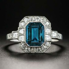 Art Deco Blue Topaz & Lab-Created Diamond Halo Wedding 14K White Gold FN Ring