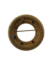 Vintage Gold Tone Mesh Multi Color Rhinestone Circle Brooch Pin