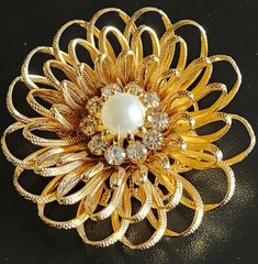 Vintage Textured Golden Flower Brooch Pin & Earrings with Pearls & Rhinestones