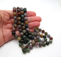 Vintage Opera Length Indian Agate 8.5mm Green Knotted Stone Necklace 48 In