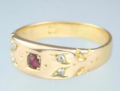 Fine Antique Victorian 18K 15K Gold Ruby Diamond 5-Stone Floral Scroll Ring 5.5