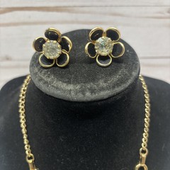 VTG Signed Barclay Necklace & Screw Earrings Set Gold Tone Rhinestone Flower