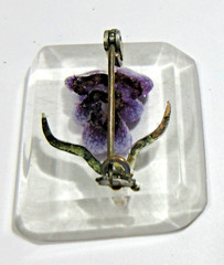 VTG ANTIQUE ? UNUSUAL OLD CLOSURE CLEAR PURPLE FLOWER GREEN LEAF BROOCH Pin