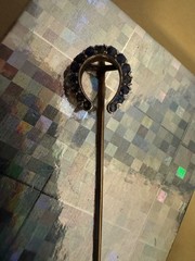 Antique 14K Y Gold Horseshoe Stick Pin w/ red garnet and blue glass 2.1 grams