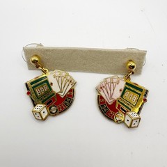 Signed 2008FL Slot Machine Roulette Dice Cards Vtg Costume Gold Tone 3D Earrings