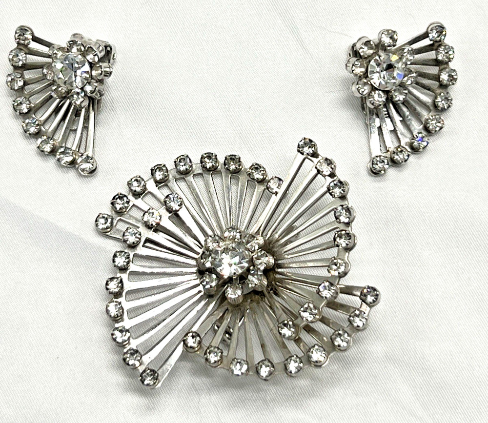 Vintage Coro Brooch/Pin Clip Earring SET AB Rhinestone Starburst Art Deco Atomic