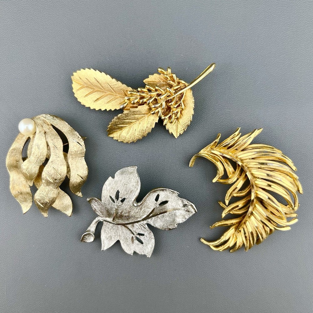 Vintage BSK Brooch Lot Leaf Feather Seaweed Faux Pearl Brushed Gold Tone Signed