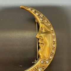 VINTAGE Gold Tone Celestial Moon Face Brooch Pin Clear Rhinestones