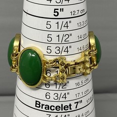 Gold Tone Link Bracelet Green Acrylic Cabochon Wide Fold Over Clasp Retro 6.25″