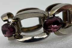 Vintage Modernist-Style Chunky Bracelet Silver-Tone Oval Prong-Set Purple Stones