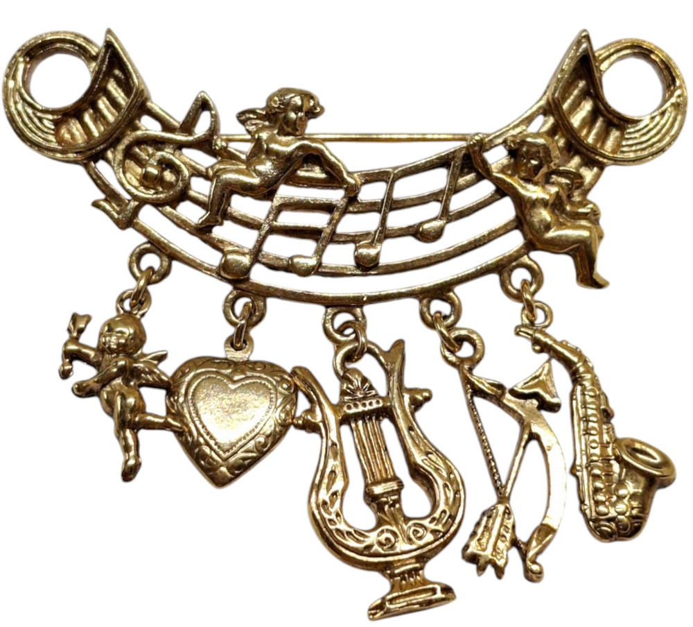 Vintage Dangle Charm Brooch Cupid Cherub Heart Arrow Lyre Musical Pin