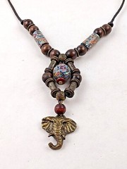 Elephant Pendant Necklace w Millefiori African Trade Beads Wood & Metal Beads