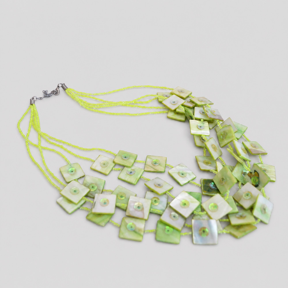 Vintage Multi Strand Mother of Pearl Shell Necklace Green Beaded Chunky