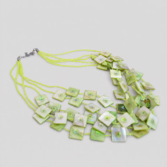 Vintage Multi Strand Mother of Pearl Shell Necklace Green Beaded Chunky