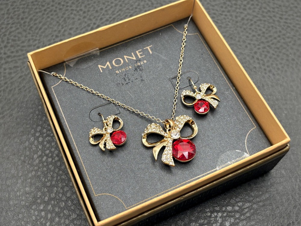 Vintage Monet 90s Gold Tone Red Crystal Bow Necklace & Earring Set in Box