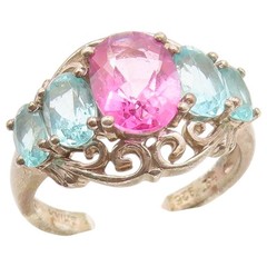 925 Sterling Silver Vintage Ring Aquamarine & Pink Topaz Band Sz 6 RG36874